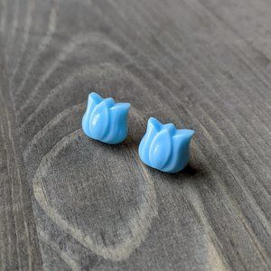 Stud Earrings with Vintage Blue Glass Tulip Cabochons
